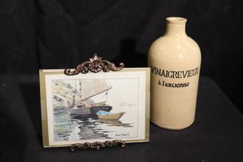 Jack Coggins Framed Artwork And Signed Vintage Style Vinaigrette Pottery Jug