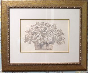 Sepia Toned Print Of Seasonal Floral Bouquet In A Basket, In A Quality Giltwood Frame.