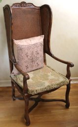 Vintage French Style Carved Wood/ Woven Cane Wingback Arm Chair