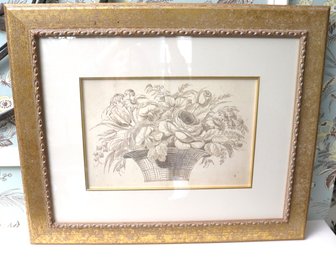 Sepia Toned Print Of Seasonal Floral Bouquet In A Basket, In A Quality Giltwood Frame.