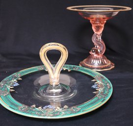 2 Antique Glass Serving Pieces With Hand Painted Detail