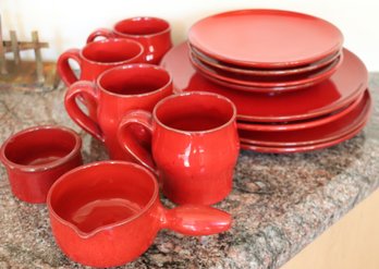 PR France Red Earthenware Plates & Cups