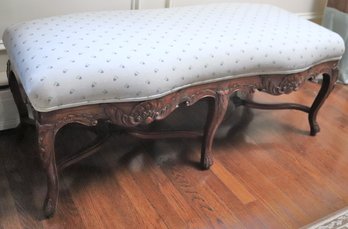 Louis XV Style Carved Wood Frame Bench With Delicate Blue Floral Upholstery.