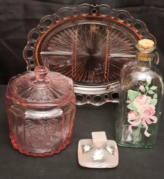 Pink Depression, Glass Jar, Serrated Tray, And 2 Bottles With Painted Roses.