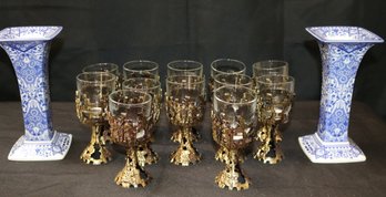 Set Of 12 Judaica Wine Glasses In Brass Holders & Spode Sabbath Candlesticks