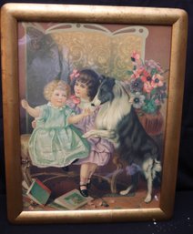 A Victorian Era Lithograph Of Two Little Girls And Collie Framed