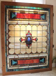 Extra-large Antique Colorful Stained-glass Panel In Oak Door Frame.