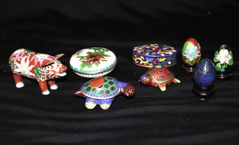 Fascinating Eight Piece Cloisonne Lot Includes Animals, Boxes And Eggs.