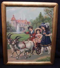 Antique Lithograph Of Children And Goat Drawn In Front Of Castle.