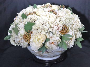 Canton Style Porcelain Bowl With Overflowing Silk Floral Arrangement Of Peonies