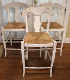 Set Of 3 White Painted Counter Stools With Rush Seats.