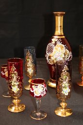 Italian Painted Glass Decanter With 3 Liqueur Glasses & 5 Taller Liqueur Glasses.