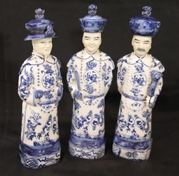 Set Of 3 Vintage Stamped Blue And White Chinese Emperor Figurines In Traditional Dress With Blue Dragon Desi