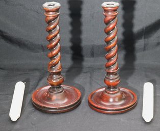 Pair Of Tall Wooden Barley Twist Candleholders With Ribbed Candles.