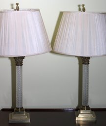 Pair Of Fine Neoclassical Brass/glass Table Lamps With Silk Pleated Shades And Pineapple Finial Accents