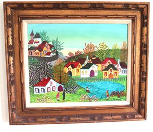 Folk Art Painting By Kowalski In A Carved Wood Frame