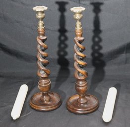 Pair Of Wooden Open Work Barley Twist Candle Sticks With Ribbed Candles.