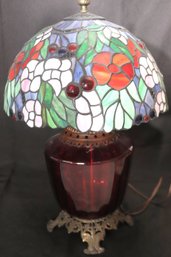 Victorian Style Ruby Glass Lamp With Stained Glass Shade.