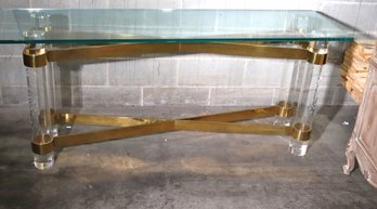 Vintage MCM Glass Console Table On A Lucite And Brass Base