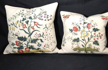 Two Finely Embroidered Floral Accent Pillows From Chelsea Textiles, NYC.
