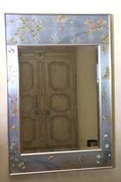 Reverse Hand Painted Chinoiserie Wall Mirror In The Style Of LaBarge Measures Approximately 28 X 42 Inches