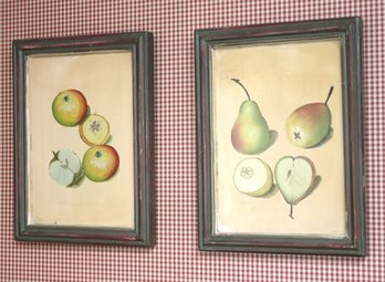 Two Primitive Style Drawings Of Apples And Pears On Wood In Rustic Frames