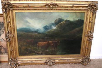 Antique Painting Of Highland Cattle At The Water Signed By The Artist Campbell In An Ornate Carved Wood Frame