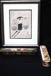 Japanese Signed Print 2 Pencil Boxes.