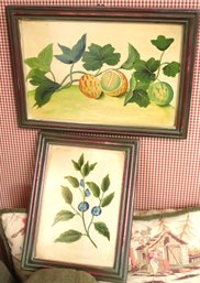 Two Primitive Style Drawings Of Melons & Blueberries On Wood In Rustic Frames.