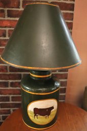 Vintage Tole Metal Lamp And Shade With Hand Painted Cow Panel.