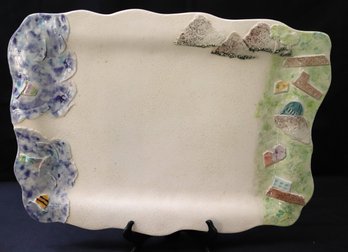 Large Vintage Pottery Serving Platter With Abstract Designs