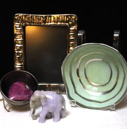 Three Michael Wayne Wright, Decorative Items, Including Frame And 2 Bowls  Lavender Stone, Elephant Plus Pink