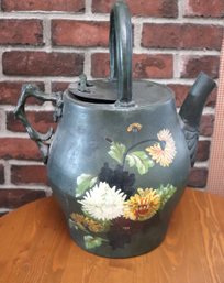 Victorian Style Tole Metal Watering Can With Painted Flowers.
