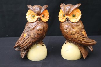 Pair Of Painted Owls Made In Italy Standing Approx. 8.5 Inches, Look To Be Made Of A Stone