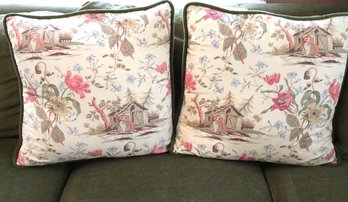 Pair Of Vintage Toile Design Accent Pillows With Green Velvet Trim, And Down Cushions.