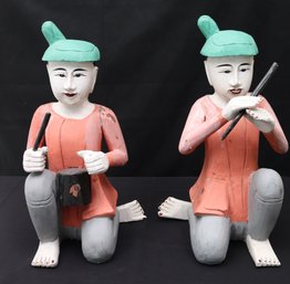 Pair Of Vintage Indonesian Style Carved Wood Musician Sculptures - Repair To The Arms (Please See All Photos)