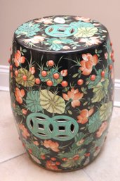 Beautiful Chinese Porcelain Garden Stool Painted With Lotus Flowers On Black Background.