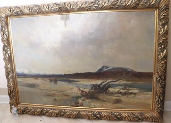 In The Style Of Joseph Wenglein Oversized Landscape Oil Painting On Canvas In Large Gold Leaf Frame.