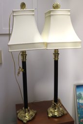 Pair Of Tall Candlestick Lamps With Brass Bases And Custom Shades.