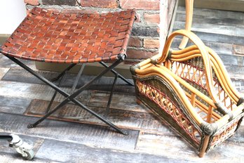 Heavy Wrought Iron & Leather Woven Stool & Wicker Basket