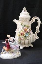 Large Capodimonte Teapot With Flowers & Royal Dux Figurine
