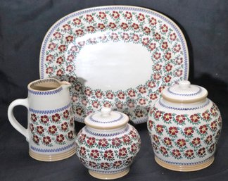 Nicholas Moose Pottery, Ireland, Hand Painted Platter, Covered Jars And Pitcher.