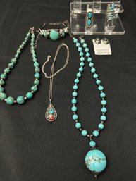 Sterling Silver And Turquoise Mixed Set Inc. 3 Necklaces, Bracelet, 2 Rings And Pair Of Earrings