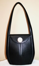 Lalique Collectors Rare Black Leather Handbag With Round Floral Crystal Clasp