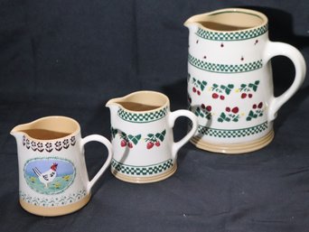 Lot Of 3 Nicholas Moose, Ireland, Hand Painted Pottery Pitchers With Country Style Motif.
