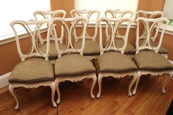 Set Of 8 Vintage Country French Dining Chairs Painted In A Distressed Finish With Gold Leaf Accents