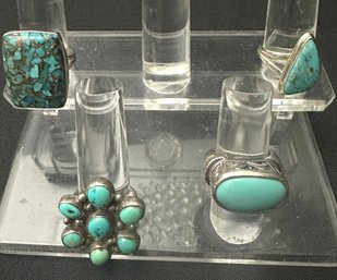 Sterling Silver And Turquoise Mix Of 4 Stylish Rings-Sizes 6 / 9  / 9  And 10.25