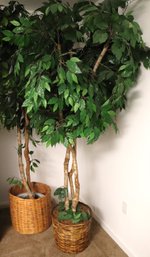 2 Decorative Faux Trees In Wicker Baskets