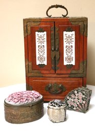 Lovely Vintage Chinese Jewelry Box With Bone Panels 3 Brass And/or Metal Boxes