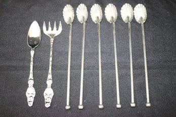Lot Of 6 Sterling Silver Iced Tea Teaspoons, Cheese Knife & Small Fork, Weight:
